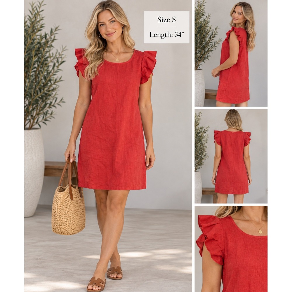 Lungo L'Arno Italy Linen Dress Small Coral Red Ruffle Sleeve Shift Dress Coastal